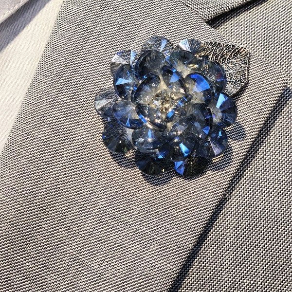 Men's Dusty Blue Crystal flower Brooch Pin lapel