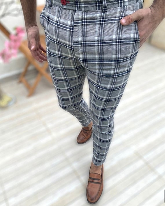 Men s Fashion Plaid Pants grey and Navy Etsy