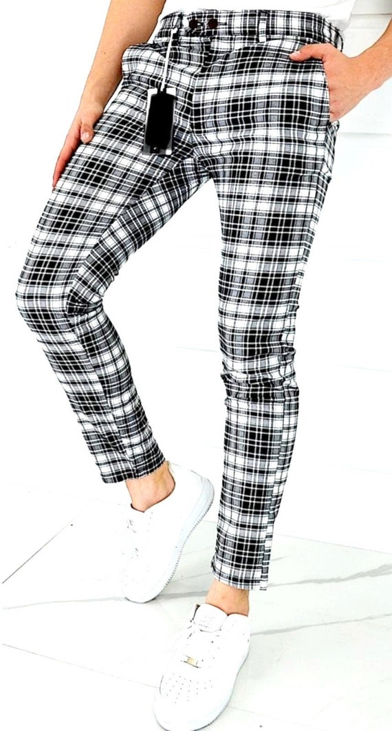 Men s Fashion Plaid Pants Black and White