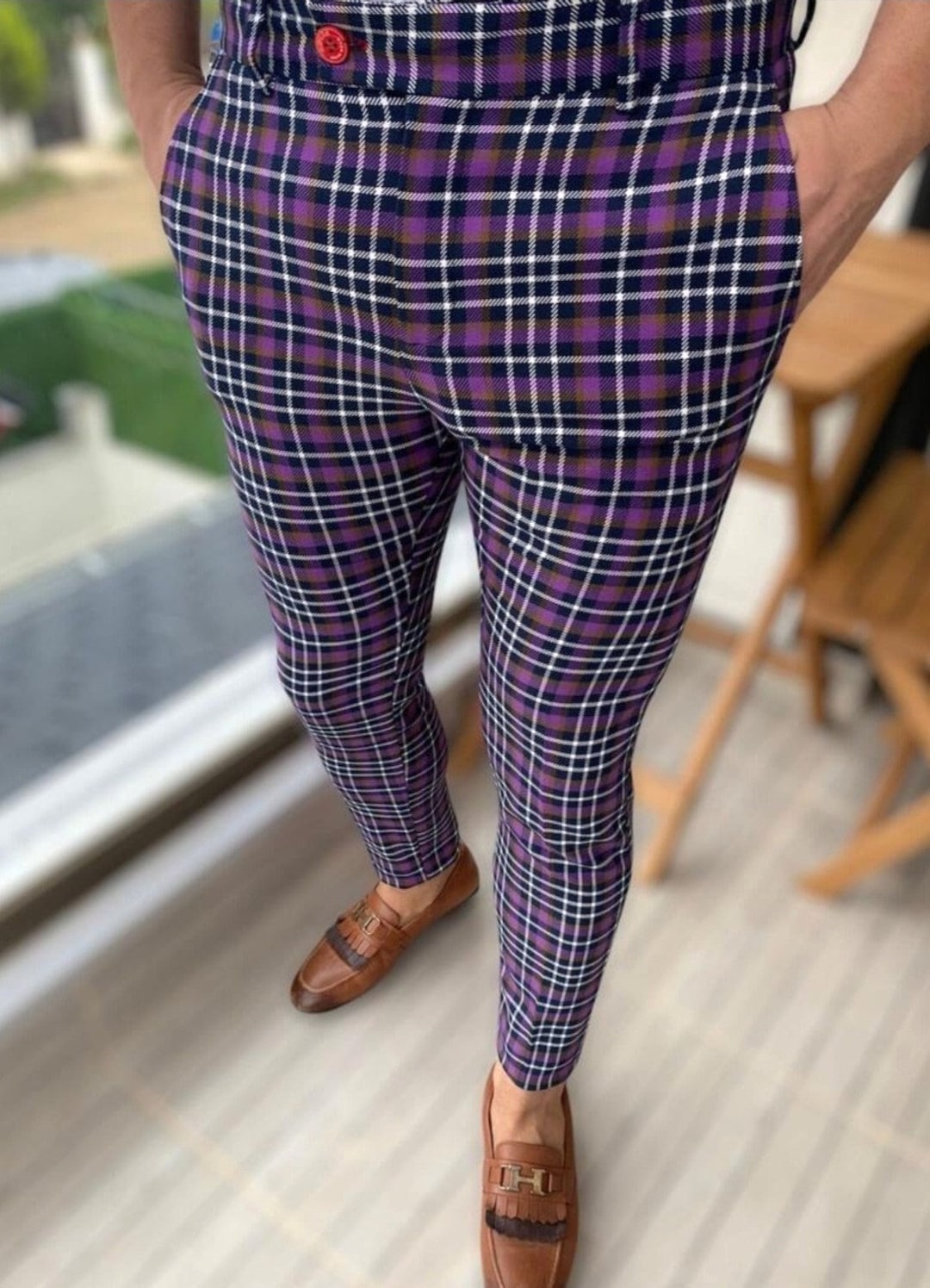 Men s Fashion Plaid Pants purple and Black Etsy UK