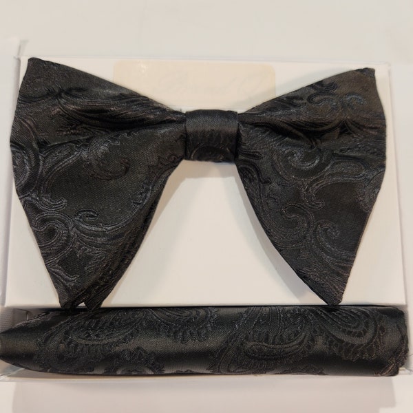 Men's Tom Ford Style Bow Tie and handkerchief  (Men's Oversized Bow Tie) paisley texture Black color