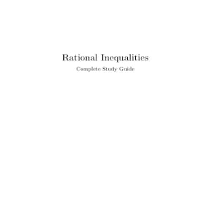 Può includere: Sfondo bianco con il titolo "Rational Inequalities" in un carattere serif. Sotto il titolo c'è il testo "Complete Study Guide". Il numero "1" si trova in fondo alla pagina.