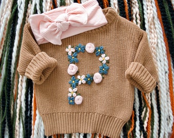 Embroidered Initial Floral Oversize Baby Sweater