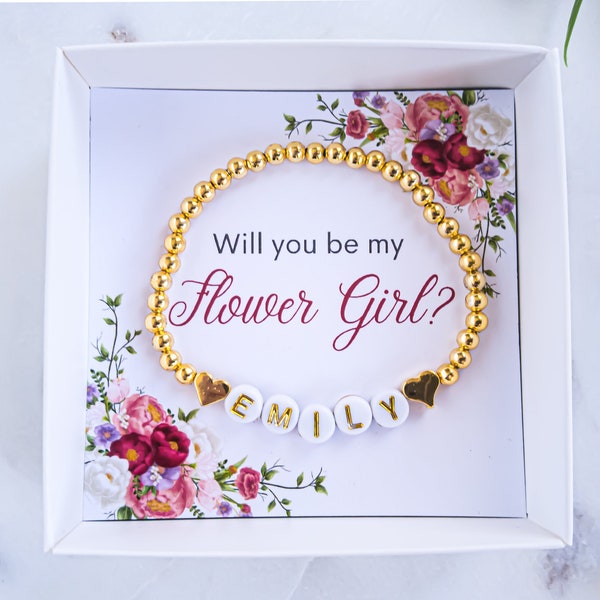 Will you be my Flower Girl Bracelet, Flower Girl Proposal Box, Personalized Bridesmaid Name Bracelet, Gold Beaded Bracelet, Flower Girl Gift
