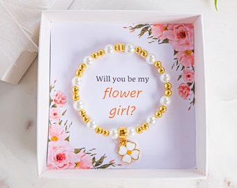 Flower Girl Gift for Flower Girl Bracelet for Flower Girl Proposal Box Wedding Party Gift, Pearl Bracelet for Little Junior Bridesmaid Gift