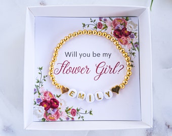 Will you be my Flower Girl Bracelet, Flower Girl Proposal Box, Personalized Bridesmaid Name Bracelet, Gold Beaded Bracelet, Flower Girl Gift