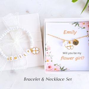 Personalized Flower Girl Proposal Gift, Flower Girl Necklace Set Flower Girl Bracelet Jewelry, Little Girl Name Bracelet for Wedding Gift
