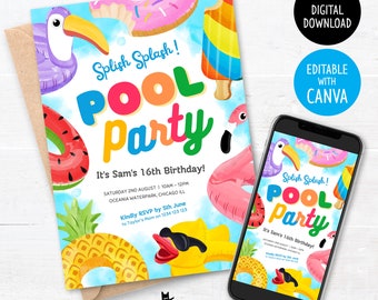 Printable Pool Party Invitation, Pool Party Sms, 16th Birthday, Pool Birthday, Swimming Party Invite, School Pool Party, Editable Template