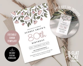 Blush Floral 80th Birthday Invitation Editable Template, Female 80th Invitation, Elegant 80th with Flowers, Printable 80th Invite, Milestone