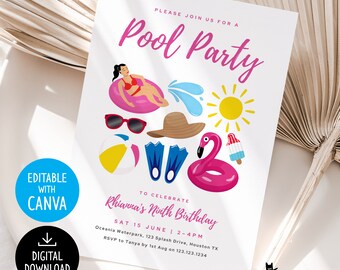 Printable Pool Party Invitation, 9th Birthday Girl, Pool Birthday, Swim Party Invite, School Pool Party, Editable Template, Pool Party SMS