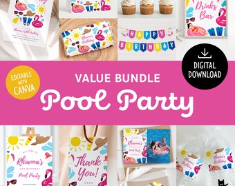 Printable Pool Party Bundle | DIY Editable Party Decorations | Pool Party Decor | Digital Download | Swimming Party | Pool Birthday Girl