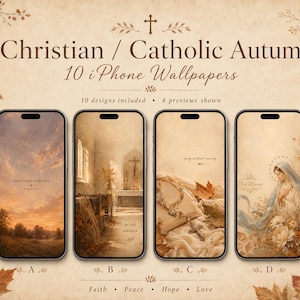 May include: A digital collection of 10 Christian and Catholic autumn-themed iPhone wallpapers featuring four previews. Designs include a sunset landscape, a church interior, a rosary with autumn leaves, and a depiction of the Virgin Mary.
