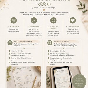 May include: An instructional infographic titled HOW TO DOWNLOAD & USE PRINTABLE OR DIGITAL, detailing four steps for a mental reset worksheet. It includes sections for printable and digital options, featuring icons, text, and images of a printed page and a tablet.