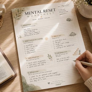May include: A Mental Reset Worksheet printed on white paper with beige and green watercolour accents. The document includes sections titled Brain Dump, What's Within My Control, What's Not, Three Priorities, One Small Step, and Reflection.