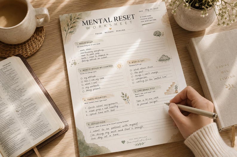 May include: A Mental Reset Worksheet printed on white paper with beige and green watercolour accents. The document includes sections titled Brain Dump, What's Within My Control, What's Not, Three Priorities, One Small Step, and Reflection.