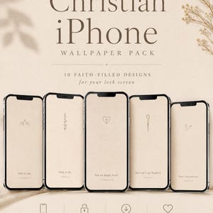 May include: A digital collection of 10 Christian iPhone wallpapers featuring beige backgrounds with line art icons and scripture text. The display shows five smartphones arranged in a row, each showcasing a different design with themes like mountains, a heart with a cross, a shepherd's staff, and a dove.
