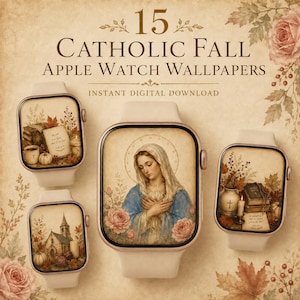 Può includere: Quattro smartwatch con cinturini color crema mostrano sfondi digitali con temi cattolici, tra cui un'immagine della Vergine Maria, una chiesa e libri con foglie autunnali, zucche e candele su uno sfondo color beige.