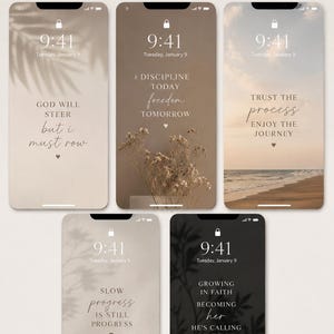 May include: A collection of five phone wallpapers with inspirational quotes and a neutral color palette. Each displays the time 9:41 and the date Tuesday, January 9. The wallpapers feature phrases like "Slow progress is still progress" and "Trust the process."