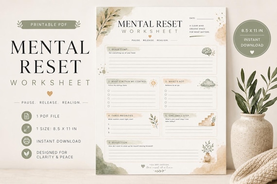 Mental Reset Worksheet | Brain Dump, Anxiety Relief, Daily Reflection (Digital Download)