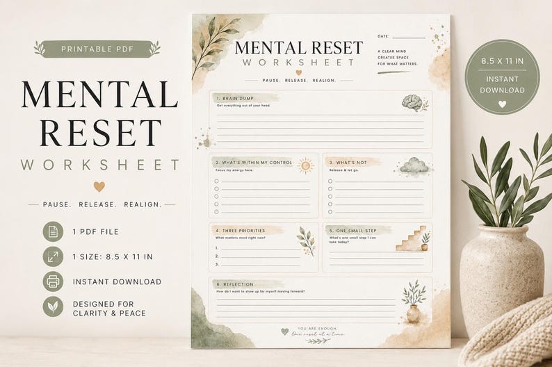 May include: A Mental Reset Worksheet printable PDF document featuring sections for brain dump, control, priorities, and reflection. The page has a beige background with watercolour leaf accents, a brain icon, a sun, a cloud, and stairs, measuring 8.5 x 11 inches.
