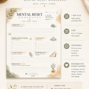 May include: A Mental Reset Worksheet printable document featuring sections for a brain dump, priorities, and reflection. The page includes text, line prompts, and botanical illustrations in neutral tones, measuring 21.6 x 27.9 cm in size.