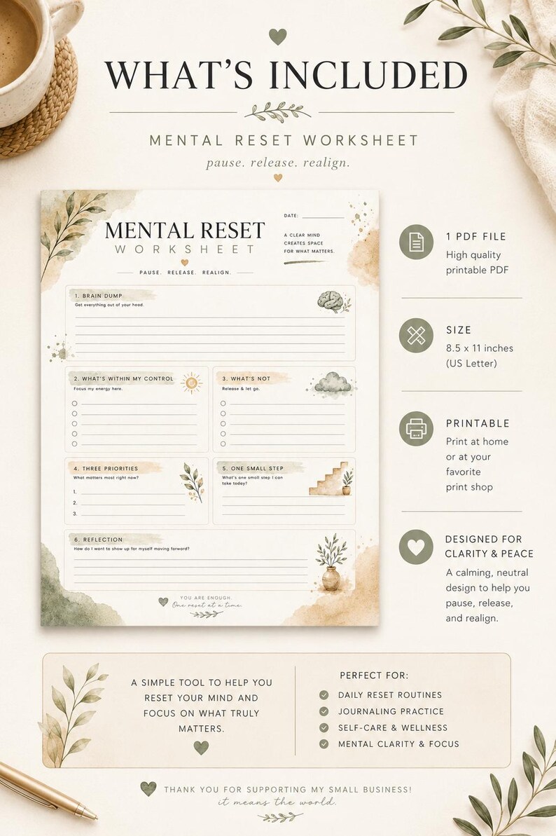 May include: A Mental Reset Worksheet printable document featuring sections for a brain dump, priorities, and reflection. The page includes text, line prompts, and botanical illustrations in neutral tones, measuring 21.6 x 27.9 cm in size.