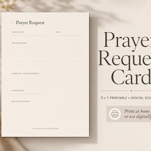 May include: A cream-colored prayer request card featuring the text Prayer Request at the top, with lines for praying for, date, prayer request, scripture, encouragement, answered on, and how God answered, measuring 5 by 7 inches in size.