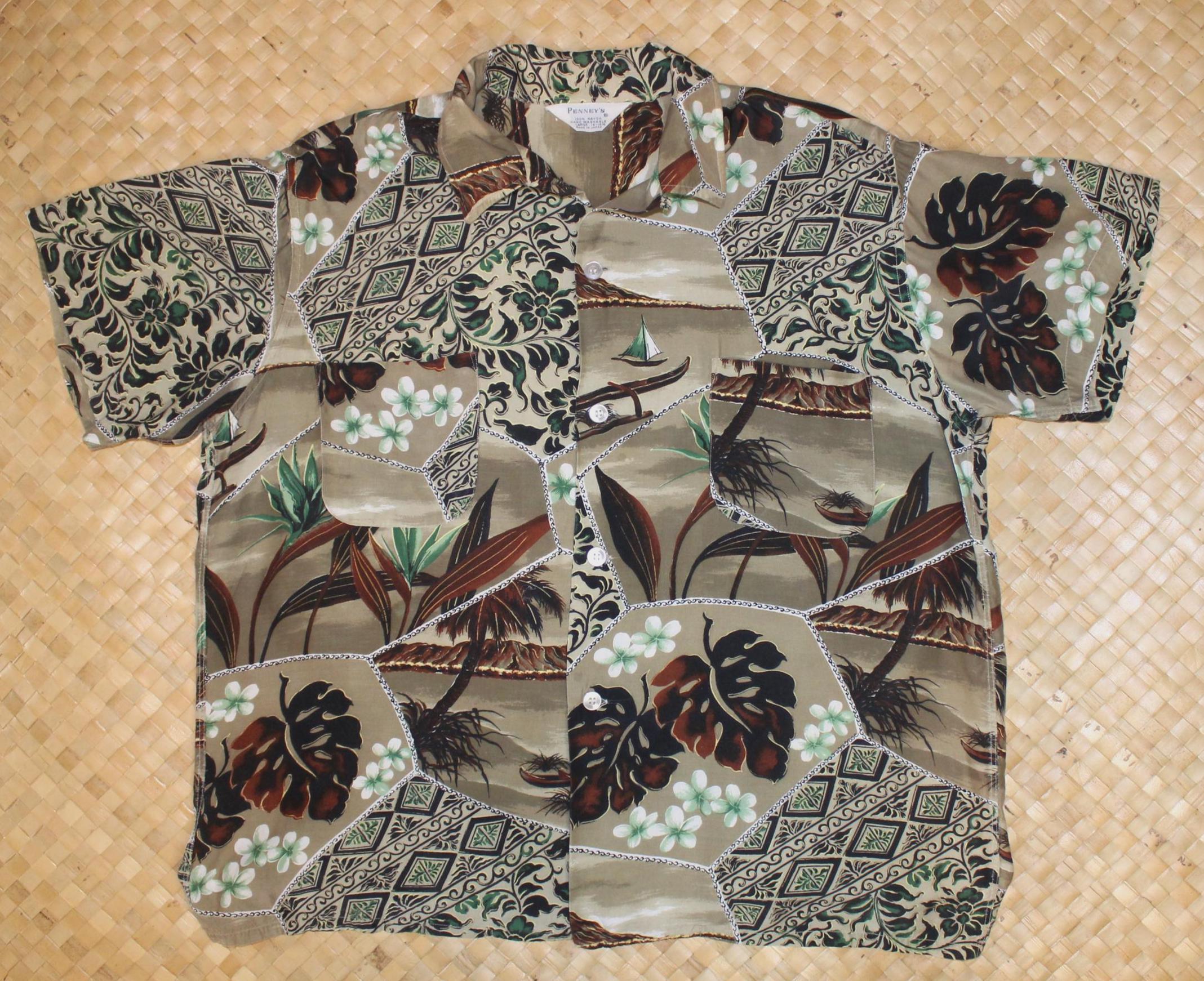 トップス 60s Penneys Aloha shirt Vtg 60s JC Penney Towncraft 70s Green Hawaiian Aloha Tiki
