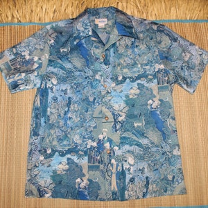 Dynamic Vintage 60s Hawaiian Shirt made for Andrade Resort Shop in Honolulu with an elaborate Asian print pattern that is a true classic!