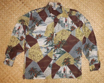 Vintage Hawaiiaans aloha-shirt 'Lauhala' jaren 50 - pure zijde/lange mouwen