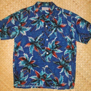 Camisa hawaiana vintage &quot;PALMS&quot; de los años 60: auténtico diseño hawaiano y 100 % rayón
