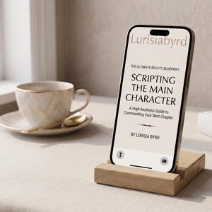 May include: A smartphone resting on a light-colored wooden stand displays a digital book cover titled Scripting the Main Character, The Ultimate Reality Blueprint, A High-Aesthetic Guide to Commanding Your Next Chapter by Lurisabyrd.