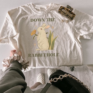 Goblincore tshirt Vintage, Down the rabbit hole, Cottagecore Whimsical shirt, Mushroom shirt, Groovy tee, White rabbit Alice in wonderland