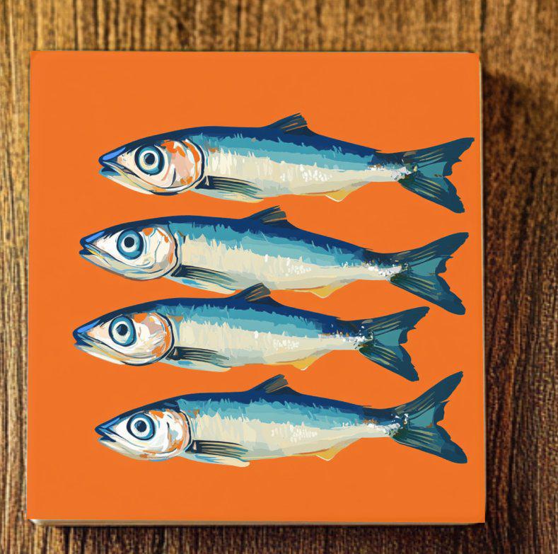 Sardines on Orange Ceramic Coasters Set or Mix-and-Match Artful Gift for Wedding Friend Wife Housewarming