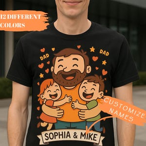 Kundenspezifisches Vati-T-Shirt mit Kindernamen, personalisiertes Vatertagsgeschenk-T-Stück, niedliche Karikatur-Vater und Kinder Grafik, Name Hug Design-Familien-Hemd