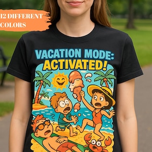 ビーチモードのおもしろTシャツ、バケーションカオスTシャツ、アイスクリームの漫画グラフィックTシャツ、サマーリラクゼーショントップス、ファミリーホリデーコーデ、バケーションユーモア