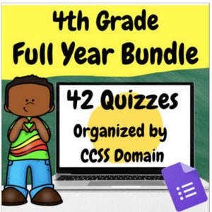 May include: A colorful illustration of a cartoon child holding a heart in front of a laptop screen. The screen displays the text "42 Quizzes Organized by CCSS Domain".
