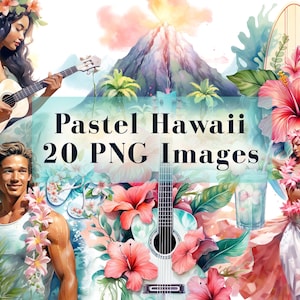 Pacchetto Clipart Hawaii Pastello Acquerello - 20 grafiche PNG - ClipArt di un'isola tropicale con surf ad acquerello, download immediato per uso commerciale