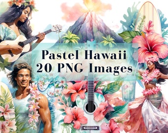 Watercolor Pastel Hawaii Clipart Bundle - 20 PNG Graphics - watercolor surfing tropical island clip art instant download for commercial use