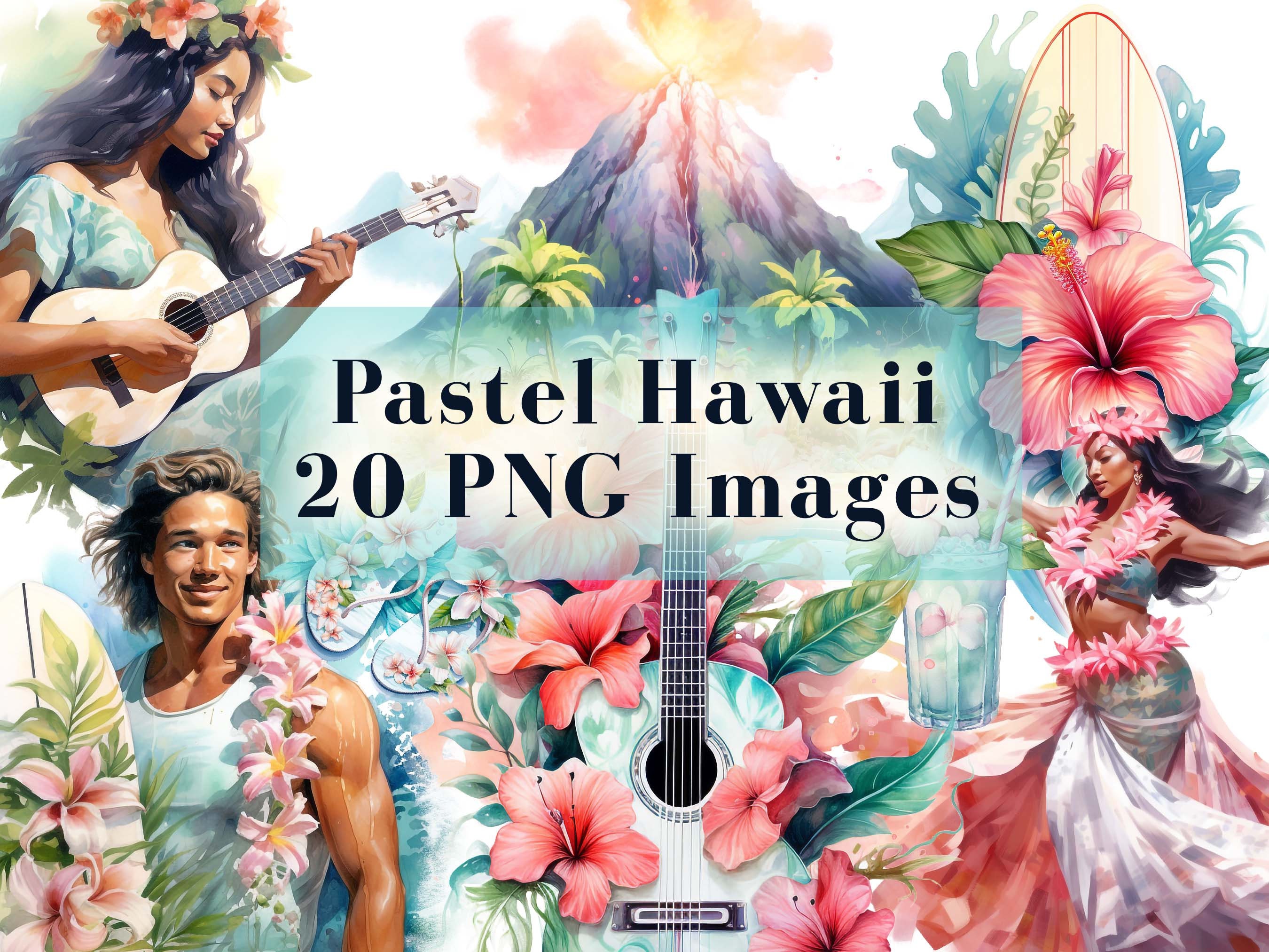 Watercolor Pastel Hawaii Clipart Bundle - 20 PNG Graphics - Watercolor ...