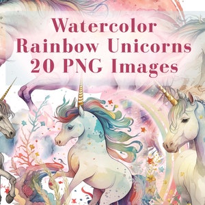 Magical Rainbow Unicorn Watercolor Clipart - 20 PNG Bundle, Mystical Unicorn Graphics, Vintage Rainbow Clip Art Download for Commercial Use