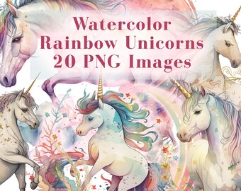 Magical Rainbow Unicorn Watercolor Clipart - 20 PNG Bundle, Mystical Unicorn Graphics, Vintage Rainbow Clip Art Download for Commercial Use