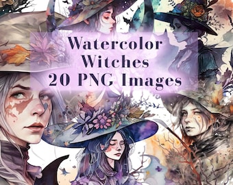 Watercolor Witch Clipart Bundle, 20 Fantasy PNG Witchcraft Clip art, fairytale women witches, magic clip art, mystical, occult, Halloween