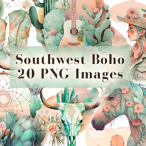 Aquarell Südwesten Boho Clip Art Bundle - 20 PNG Grafiken, Boho Cowgirl Clip Art, Western Kaktus PNG, Cowboy Bundle PNG Kommerzielle Nutzung