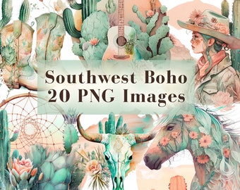 Watercolor Southwest Boho Clip Art Bundle - 20 PNG Graphics, Bohemian Cowgirl Clip Art, Western Cactus PNG, Cowboy Bundle PNG Commercial Use