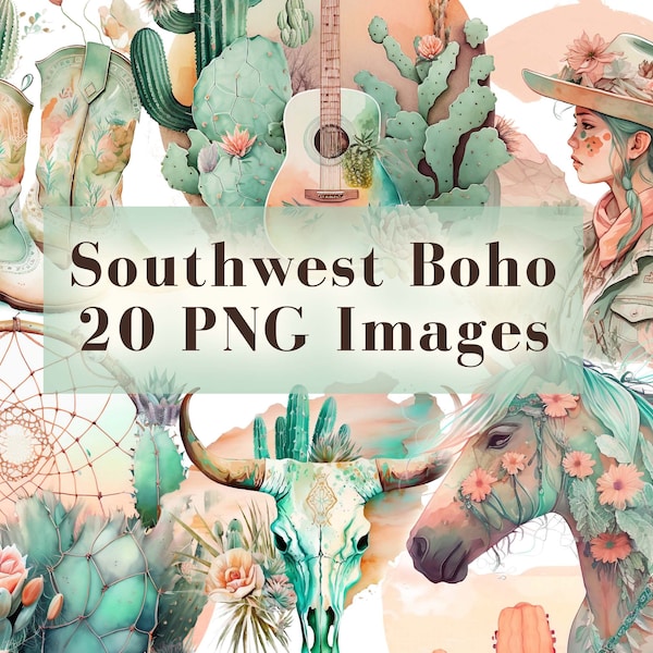 Watercolor Southwest Boho Clip Art Bundle - 20 PNG Graphics, Bohemian Cowgirl Clip Art, Western Cactus PNG, Cowboy Bundle PNG Commercial Use