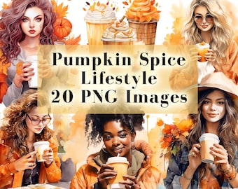Pacchetto di clipart acquerello "Zuppa e spezie" - 20 PNG di Latte, grafica di zucche, bevande autunnali, clipart di caffè, grafica autunnale accogliente