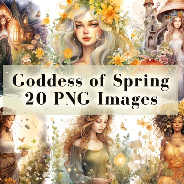 Spring Goddess Clipart, Spring Fantasy Clip Art, 20 Wildflower Goddess PNG Bundle, Watercolor Mother Earth Woman Graphics, Instant Download