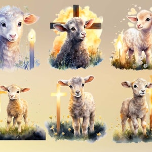 May include: Six watercolor illustrations of lambs, each with a different pose and background. Some lambs are standing near a cross, while others are standing in a field of flowers. The lambs are all white with brown spots and have a soft, fluffy appearance.