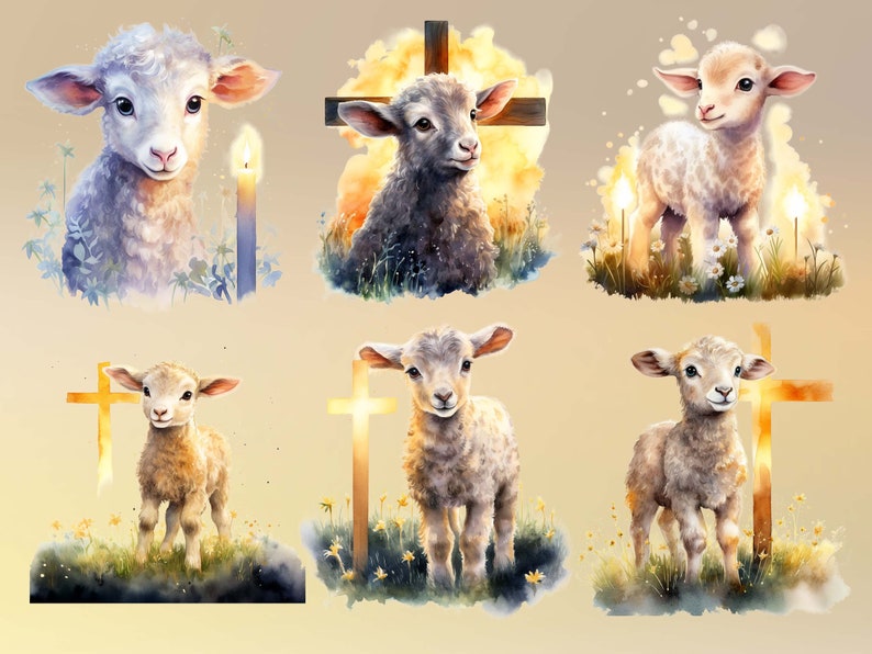 May include: Six watercolor illustrations of lambs, each with a different pose and background. Some lambs are standing near a cross, while others are standing in a field of flowers. The lambs are all white with brown spots and have a soft, fluffy appearance.